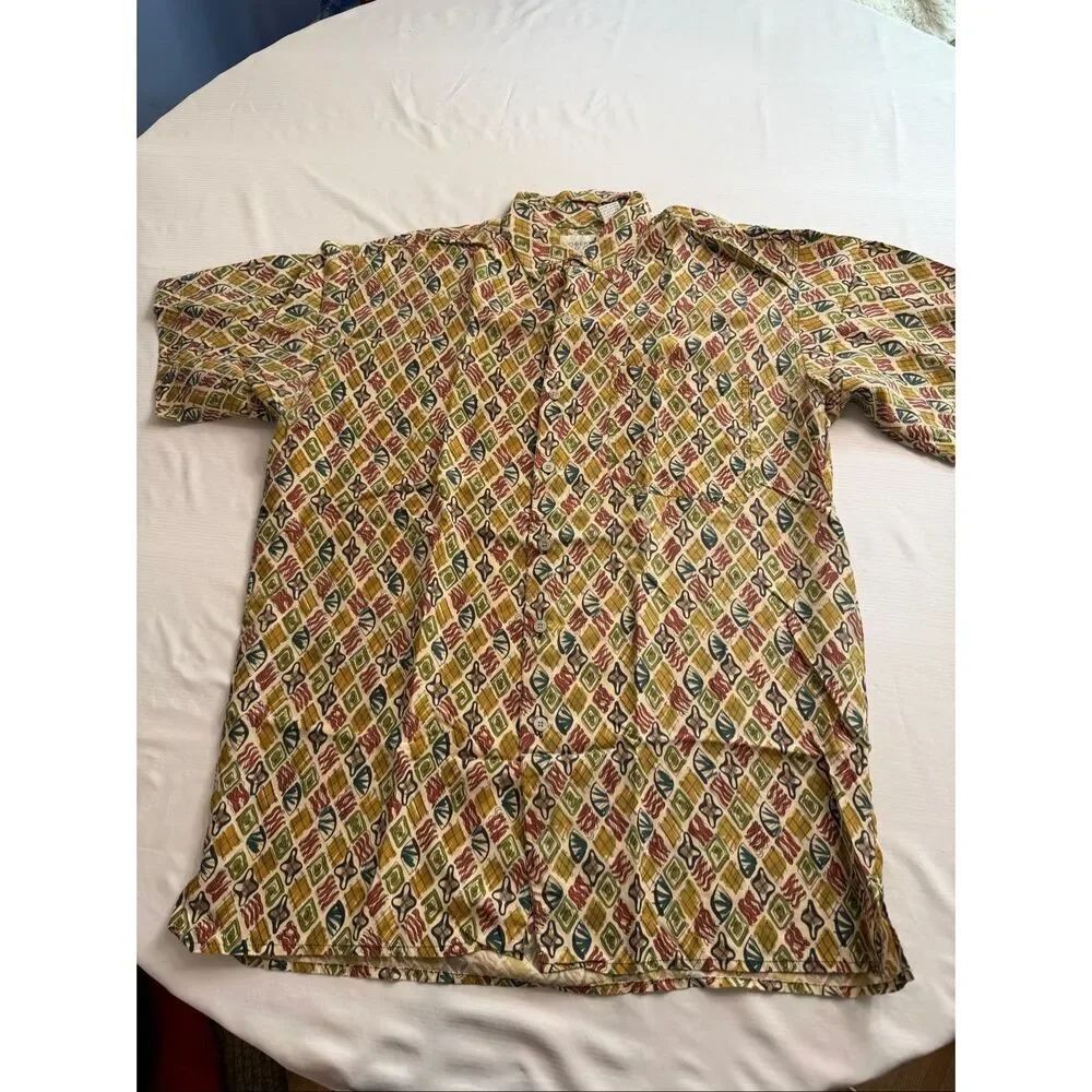 Robert Stock Men’s Large Silk Button Front Abstract Geometric Print Shirt Size L